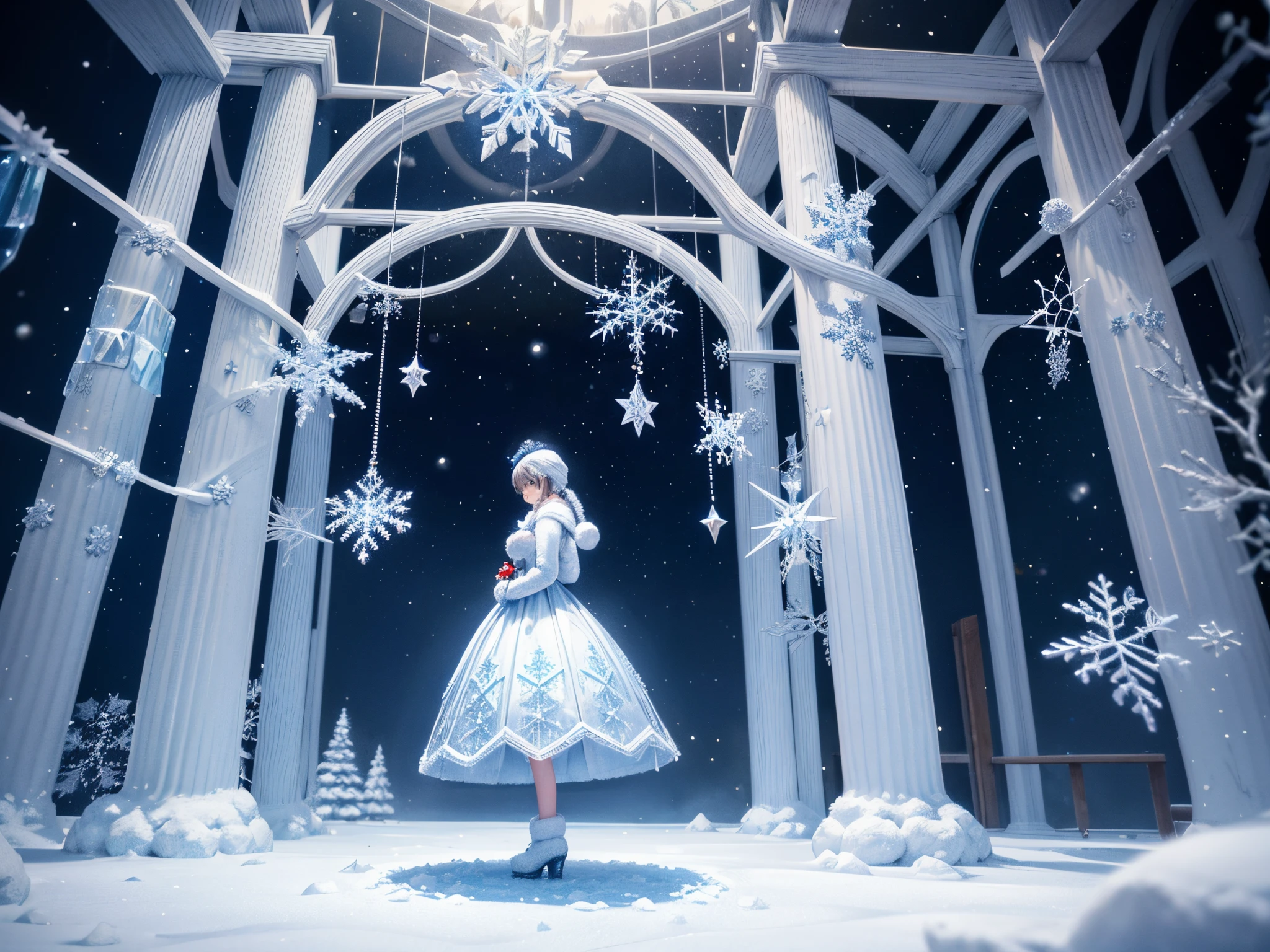 Craft a winter wonderland where the landscape is made of fractal ice crystals, and 3D Christmas ornaments hang from the frozen branches, creating a sparkling and surreal scene.