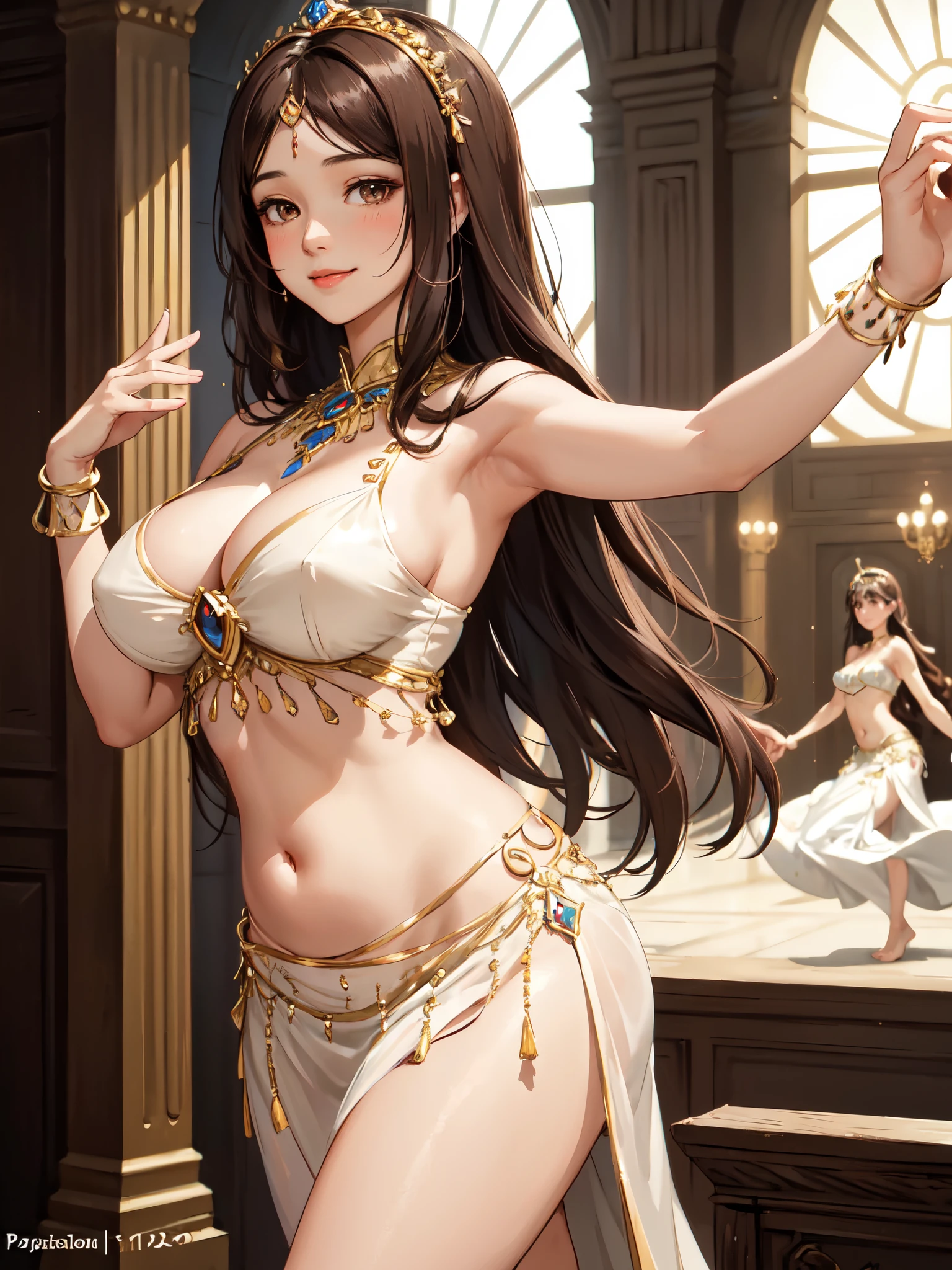 1lady, solo, mature female, long brown hair, parted bangs, brown eyes, masterpiece, best quality:1.2) delicate illustration, ultra-detailed, blush kind smile, upper body, (from side), (looking at viewer), huge breasts, (cleavage), ((belly dance costume)),bare arms, bare shoulders, navel, perfectly proportioned, detailed clothing details, Cinematic lighting, (dancing), palace, (indoor)