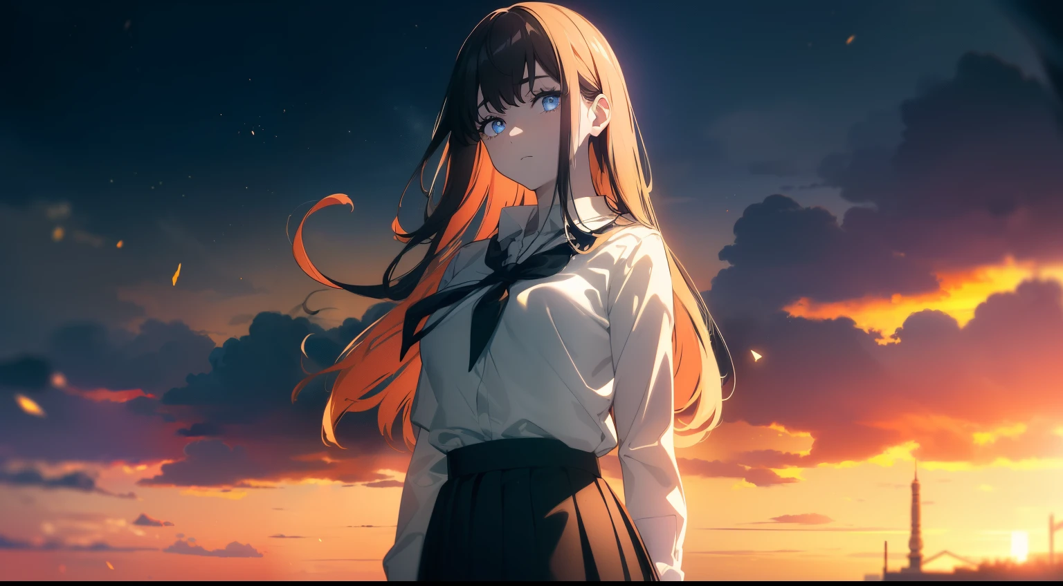 (((Obra maestra, La mejor calidad, ultrahigh resolution))), (((wide shot))), 1girl, standing, school uniform, white office shirt, black pleated skirt, ((light brown hair:0.7)), long hair cut, pale skin, ((blue eyes)), glowing_eyes, neon eyes, (ultra detailed eyes, beautiful and detailed face, detailed eyes), ((centered subject)), ((wide shot)), facing viewer, eye level, (sunset background), flat chested, looking at viewer, ((half closed eyes)), ((perfect hands)), (((head:0.9, arms, standing, elbows, in view))), ((hands behind back)), empty eyes, beautiful lighting, outside, outdoors, shooting star:0.7, background, defined subject, massive hot sun, 25 years old