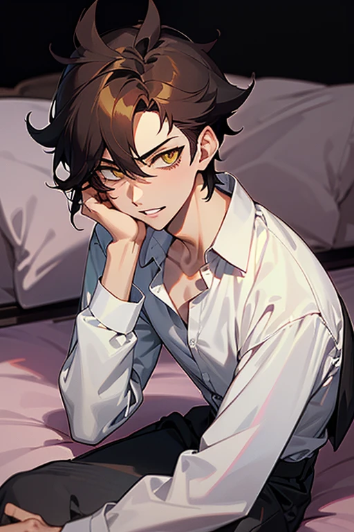1 Boy, dark hair, gakuran, white shirt, black slacks, on sheets, Long Sleeve Shirts, Fascinating, evil smile,(parted lips),collarbone, sunset,{open collar}, tsurime, Yellow eyes, (background: on bed in bedroom), high quality, high resolution, masterpiece