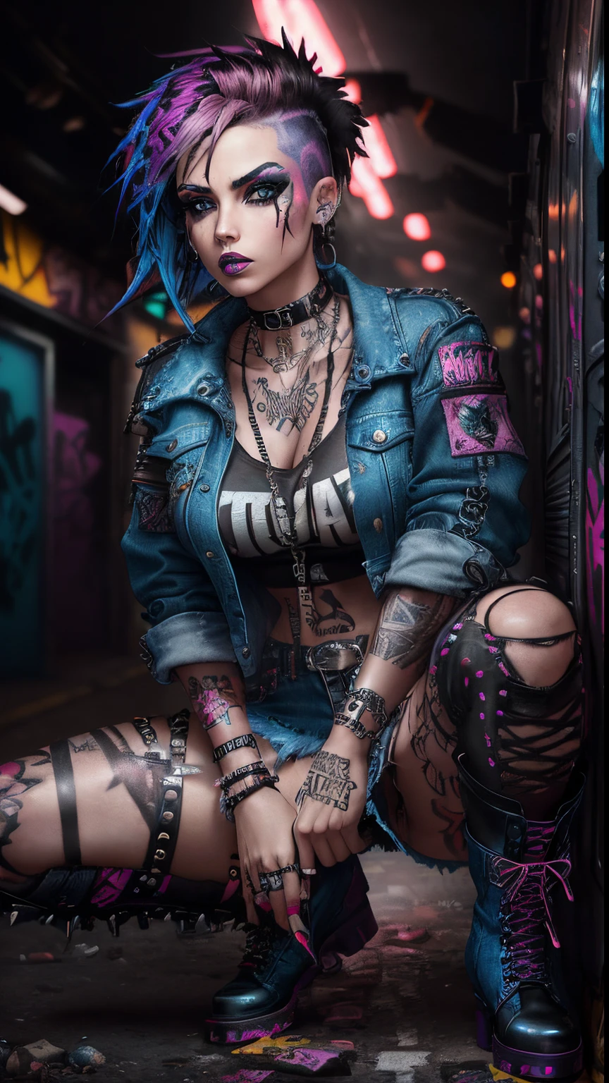 A punk rock girl, squatting on a bus, thong, skirt lift

(best quality, 4k, highres, ultra-detailed:1.2), (vivid colors, vibrant hues), (realistic, photo-realistic:1.37), (HDR, UHD), (studio lighting, bokeh), (physically-based rendering, extreme detail description)

(portraits, concept artists), (gritty, urban, rebellious), (fierce expression, intense gaze), (colorful graffiti backdrop), (edgy fashion, punk style), (bold makeup, smokey eyes), (dyed hair), (tattoos, piercing)

(dark denim jacket), (ripped fishnet stockings), (studded leather boots), (band patches), (safety pins), (choker necklace), (smudged red lipstick), (smoke effect), (dynamic pose), (exaggerated perspective)