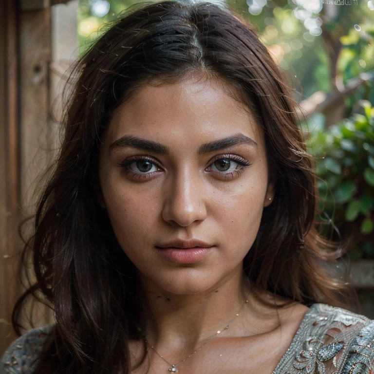 (Best quality, Ultra-detailed, Masterpiece:1.5), Photorealistic photograph of a beautiful pakistani woman posing at a scenic location, turning her head to the side. The woman should have a flawless, highly detailed face (Highly Detailed Skin) with soft, luminous skin. Her long hair should be naturally brown and stylishly arranged. The focus of the image on her face (Sharp Focus on the Face, Perfect Eyes:1.2). The scene should be rendered in muted, warm colors. The photography should feature high-quality film grain (ISO 400, 30mm lens RAW f1.8 aperture, highly detailed) to create the impression of analog photography (Analog Photography:1) with HDR colors, the scene both realistic and stylish. Mean look