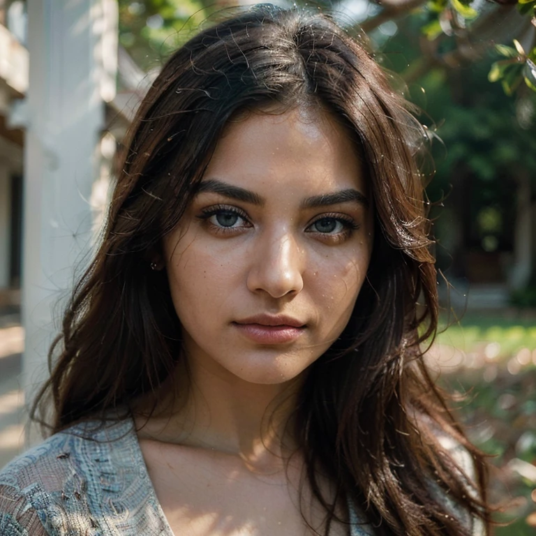 (Best quality, Ultra-detailed, Masterpiece:1.5), Photorealistic photograph of a beautiful pakistani woman posing at a scenic location, turning her head to the side. The woman should have a flawless, highly detailed face (Highly Detailed Skin) with soft, luminous skin. Her long hair should be naturally brown and stylishly arranged. The focus of the image on her face (Sharp Focus on the Face, Perfect Eyes:1.2). The scene should be rendered in muted, warm colors. The photography should feature high-quality film grain (ISO 400, 30mm lens RAW f1.8 aperture, highly detailed) to create the impression of analog photography (Analog Photography:1) with HDR colors, the scene both realistic and stylish. Mean look