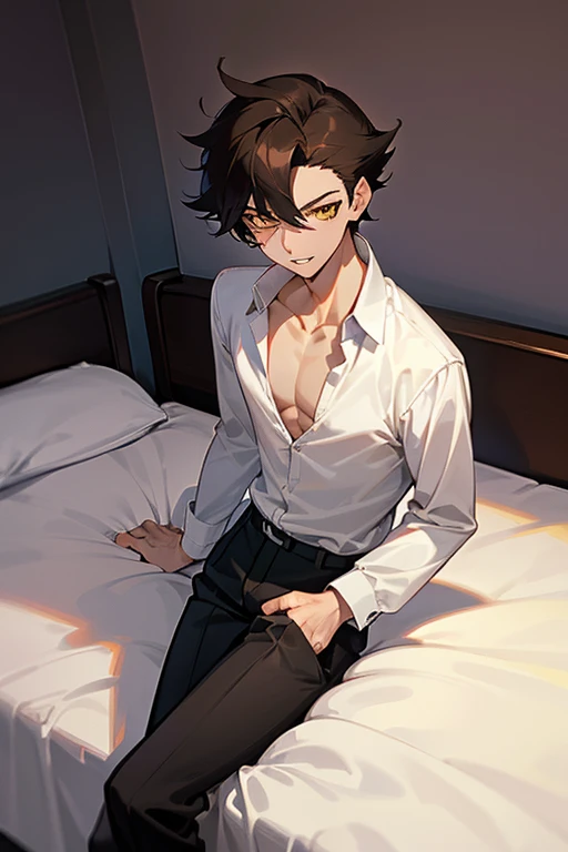 1 Boy, dark hair, short hair, golden eyes, white shirt, black slacks, on sheets, (kneeling:1.0),(bare one's shirt:1.0), (open clothes:1.8), cool, (sexy:1.5), Fascinating, evil smile,(parted lips), pale skin,(background: on bed in bedroom, sunset outside, dimly lit room, lamp light, soft lighting),(sunset:1.0), The dim,(Facing forward.:1.0),(Looking forward:1.0), Turn body to the front, (night:1.0), high quality, high resolution, masterpiece