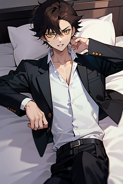 1 Boy, dark hair, gakuran, white shirt, black slacks, on sheets, Long Sleeve Shirts, Fascinating, evil smile,(parted lips),collarbone, sunset,{open collar}, tsurime, Yellow eyes, (background: on bed in bedroom), high quality, high resolution, masterpiece