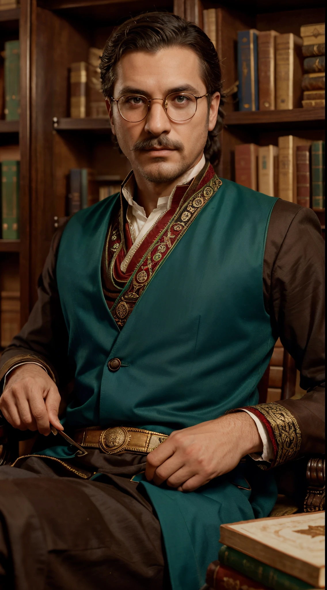 1800's ottoman gentleman, grand vizier, son of sultan, ottoman historian, in a personalized big round library behind, sitting at a private historian desk, lots of books and ancient scrolls, with round glasses, look like varrick from avatar korra series, rule of thirds, cloth color pallette red and gold looks rich, realistic, mustache and no beard, holding quil, ottoman vibes, handsome, green eyes, styuding, looking at camera behind glasses