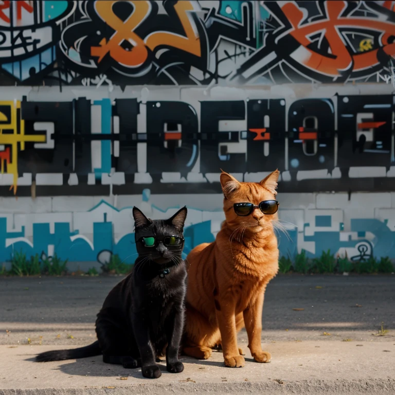 Ginger and black cats with sunglasses and graffiti background