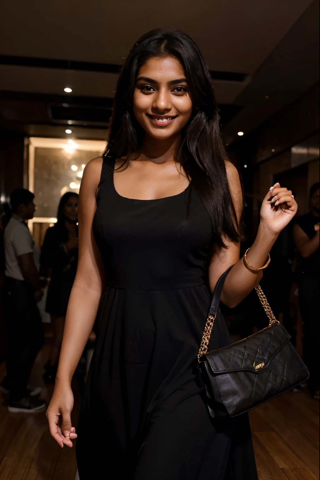An Indian dusky girl, age of 24, smiling, a candid shot, dancing in a club, wearing a long black dress, having a purse in 1 hand, brown and dusky girl, brown girl, dusky girly
