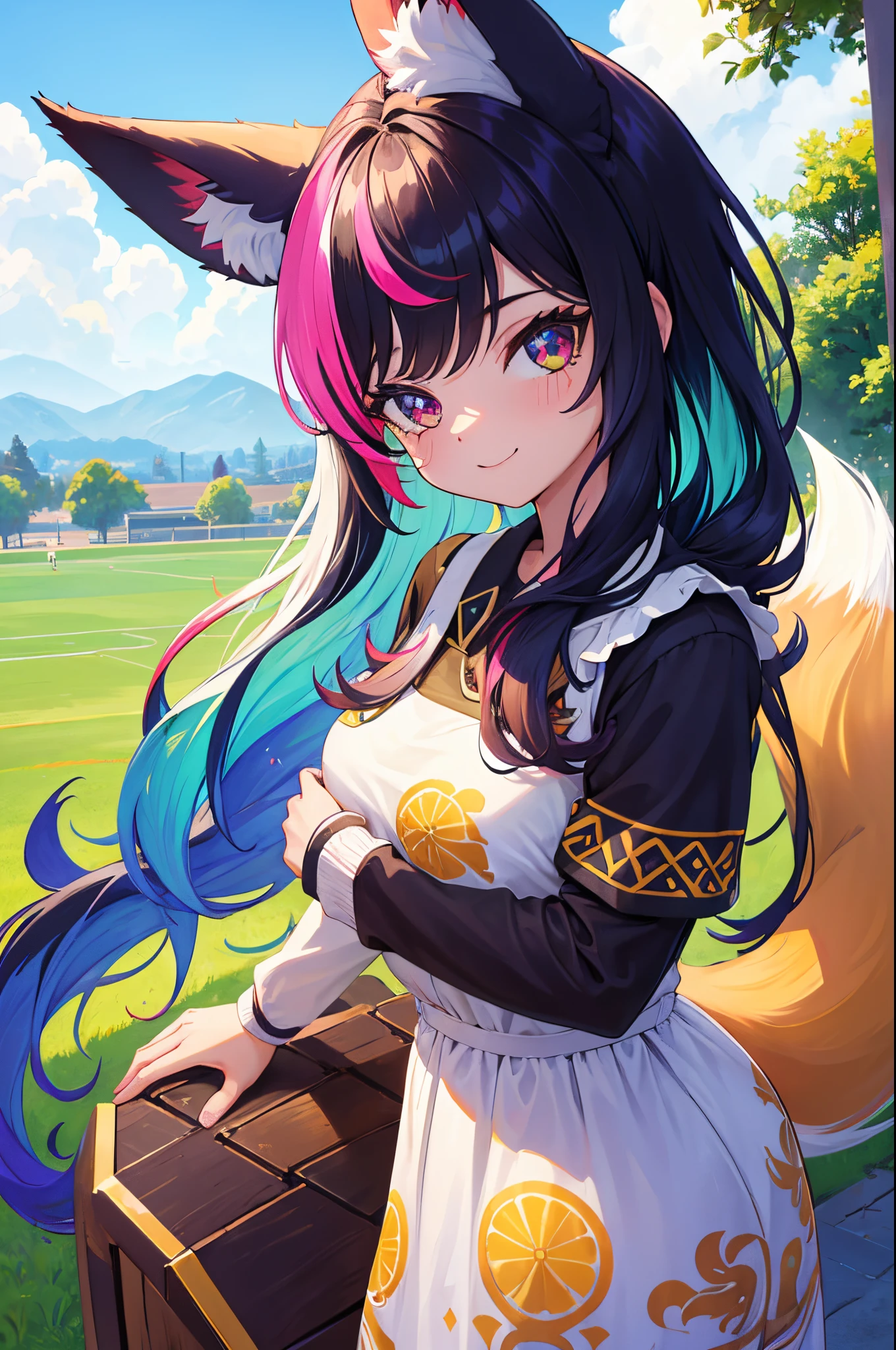 (obra-prima, melhor qualidade: 1.2),solo, girl with fox ears, sorriso, de costas para o espectador,big butt, Slacks, roupas esportivas, campo de futebol, diamond, multicolored hair, multicolored eyes