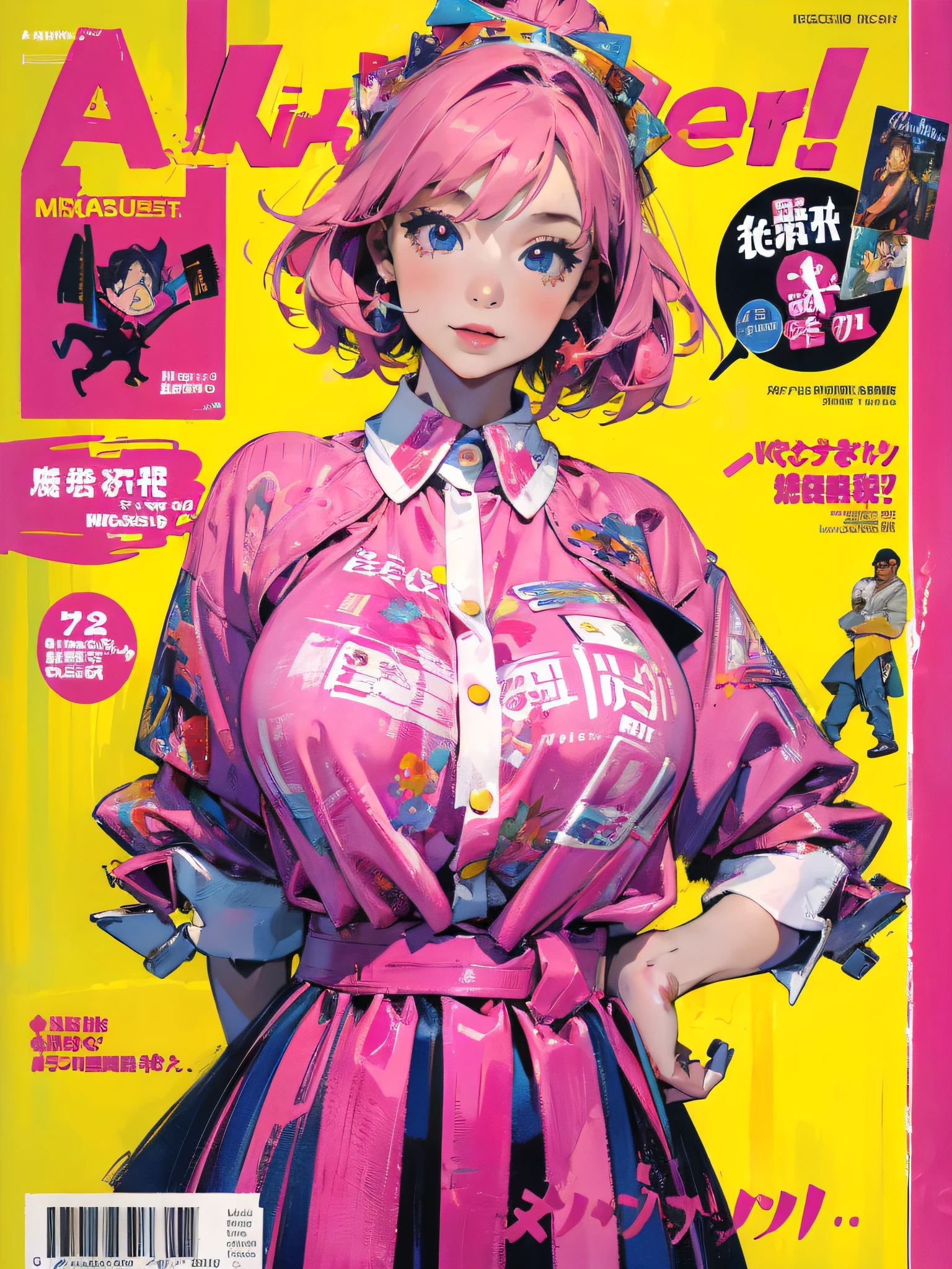 (masterpiece:1.2, best quality), (magazine cover), (colorful Magazine cover with lots of text), brilliant colorful paintings, Comic cover style, pink bimbo girl with huge breasts, magazine cover, (highly detailed:1.2)