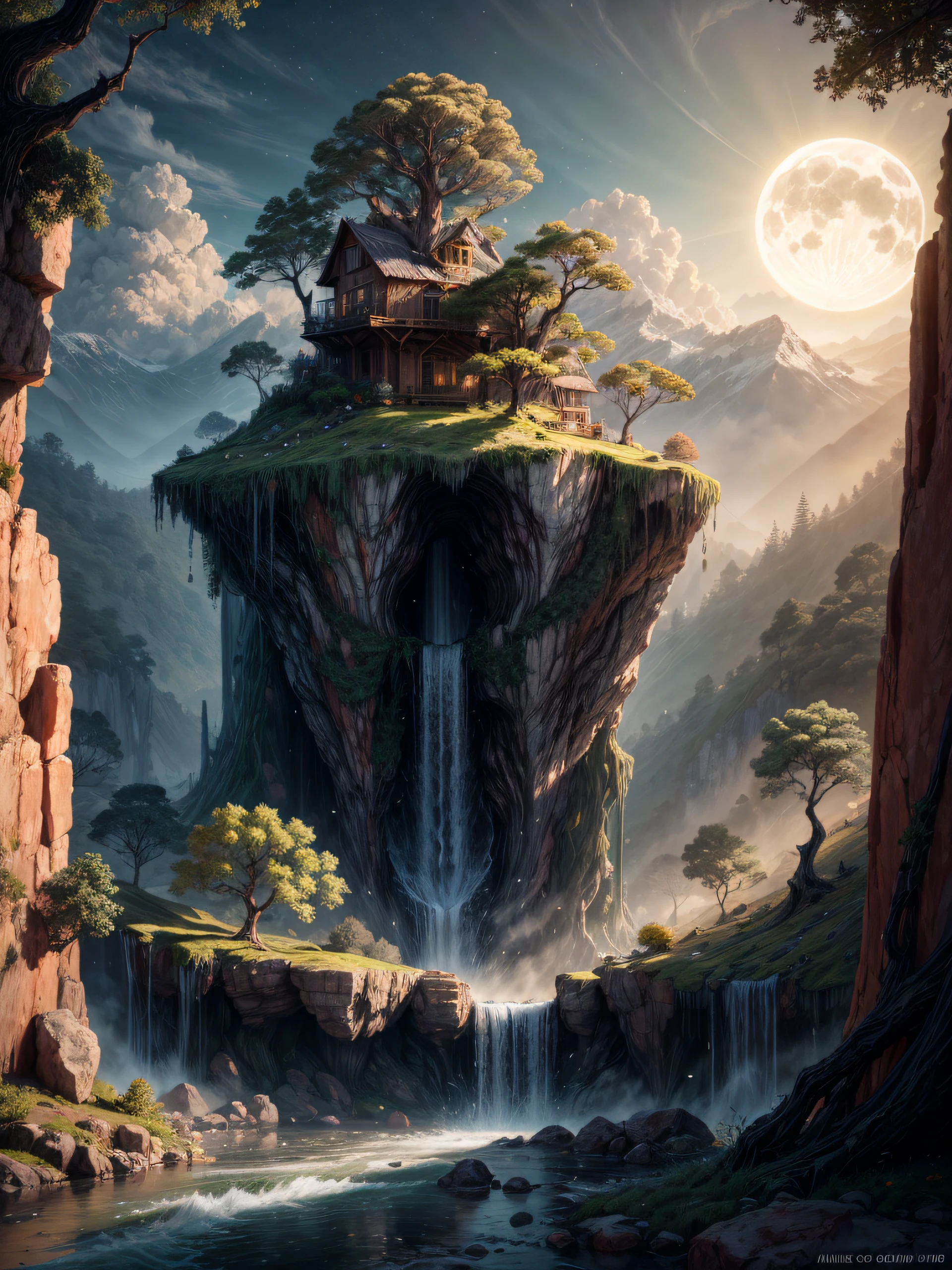 Paisaje de ciencia ficcion, sol y luna, muchos arboles, una cascada de agua que cae del cielo, fantasy lighting, obra maestra, 8k