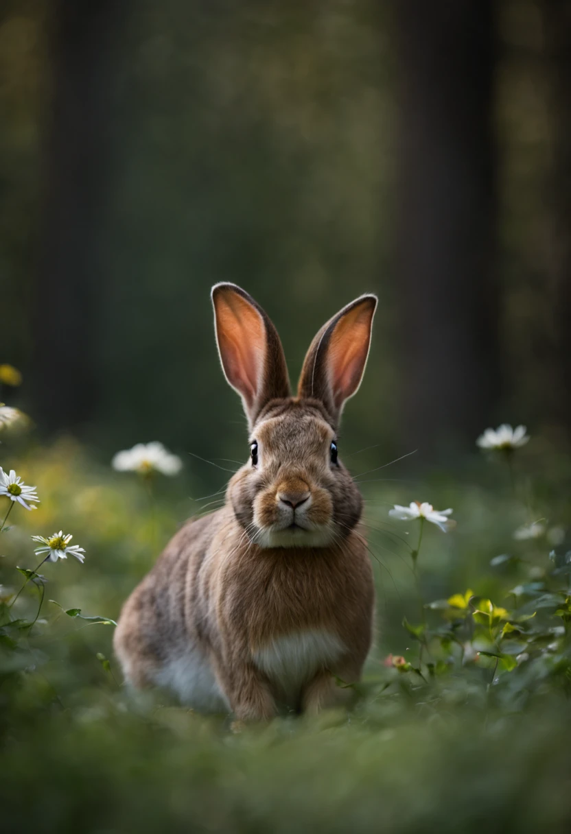 close up photo of a rabbit, forest, haze, halation, bloom, dramatic atmosphere, centered, rule of thirds, 200mm 1.4f macro shot