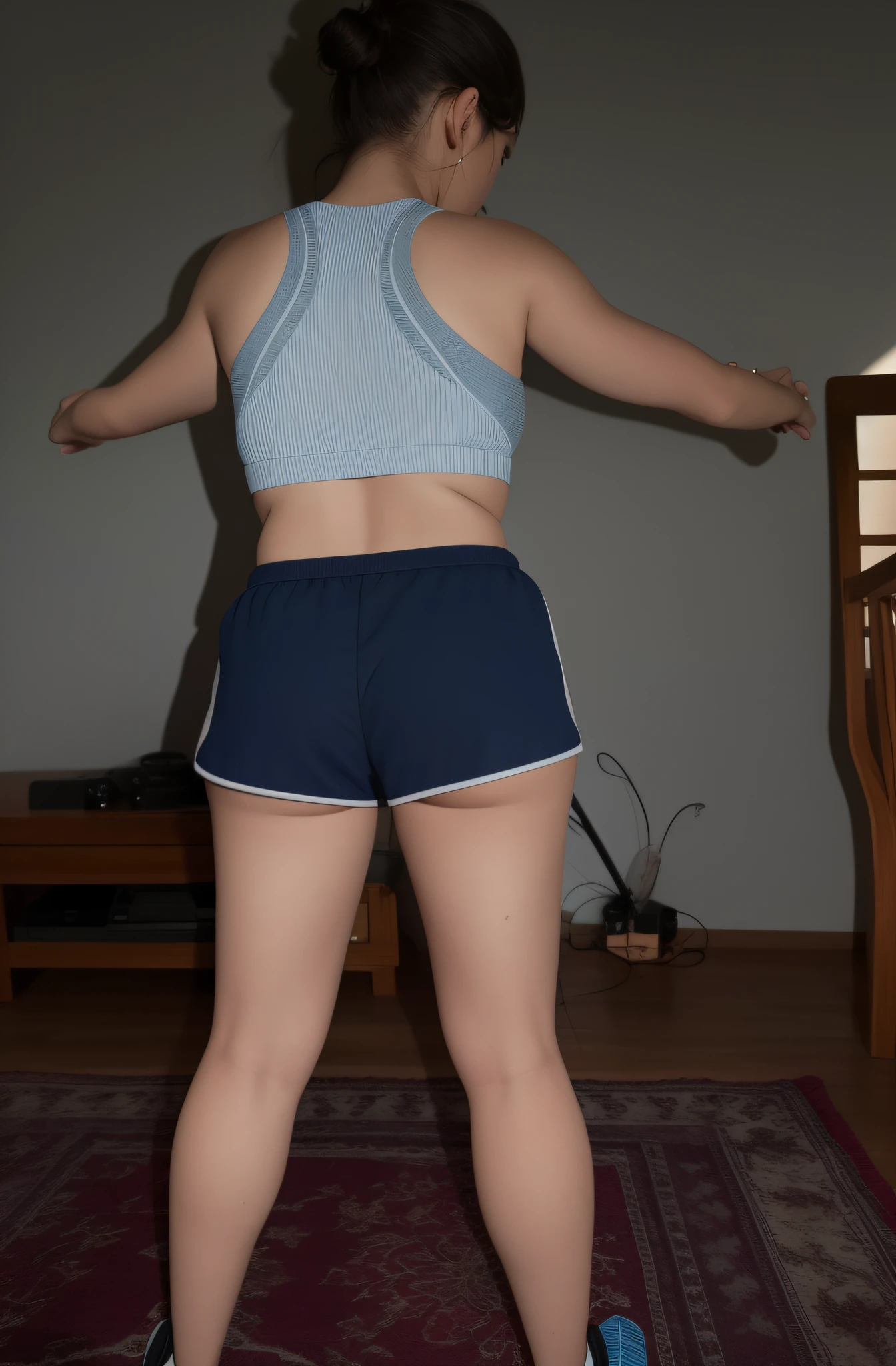 there is a woman in a short skirt playing video games, sport bra and dark blue shorts, sport bra and shorts, seen from back, foto ainda de vista posterior, back pose, tiro pelas costas, costas arqueadas, view of the back, voltar - ver, Bermuda, Backview, tiro longo das costas, from the back