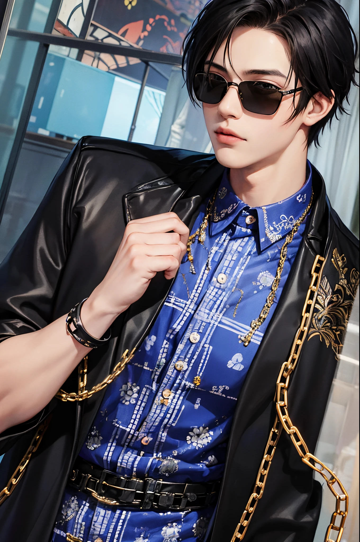 anime man, black hair, chains, sunglasses, modern patterned shirt, transparent curtains, vibrant colors