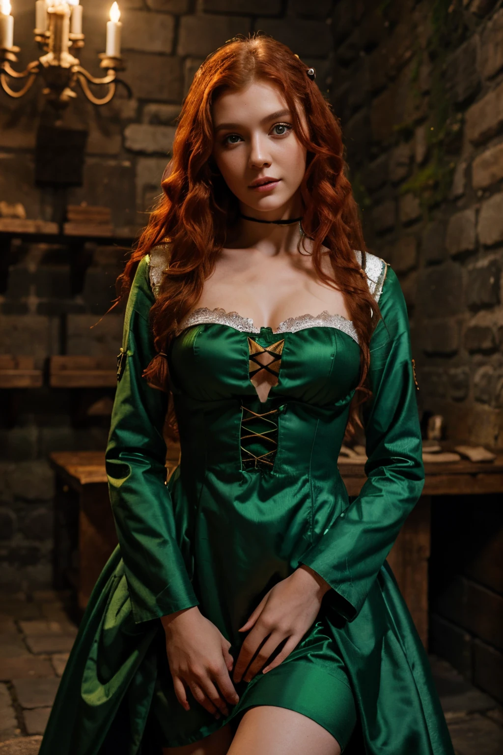 Marta Gromova (Ukrainian Model), curly red hair, beautiful face, beautiful green eyes, princess medieval dress, Sadistic feature, in a medieval dungeon