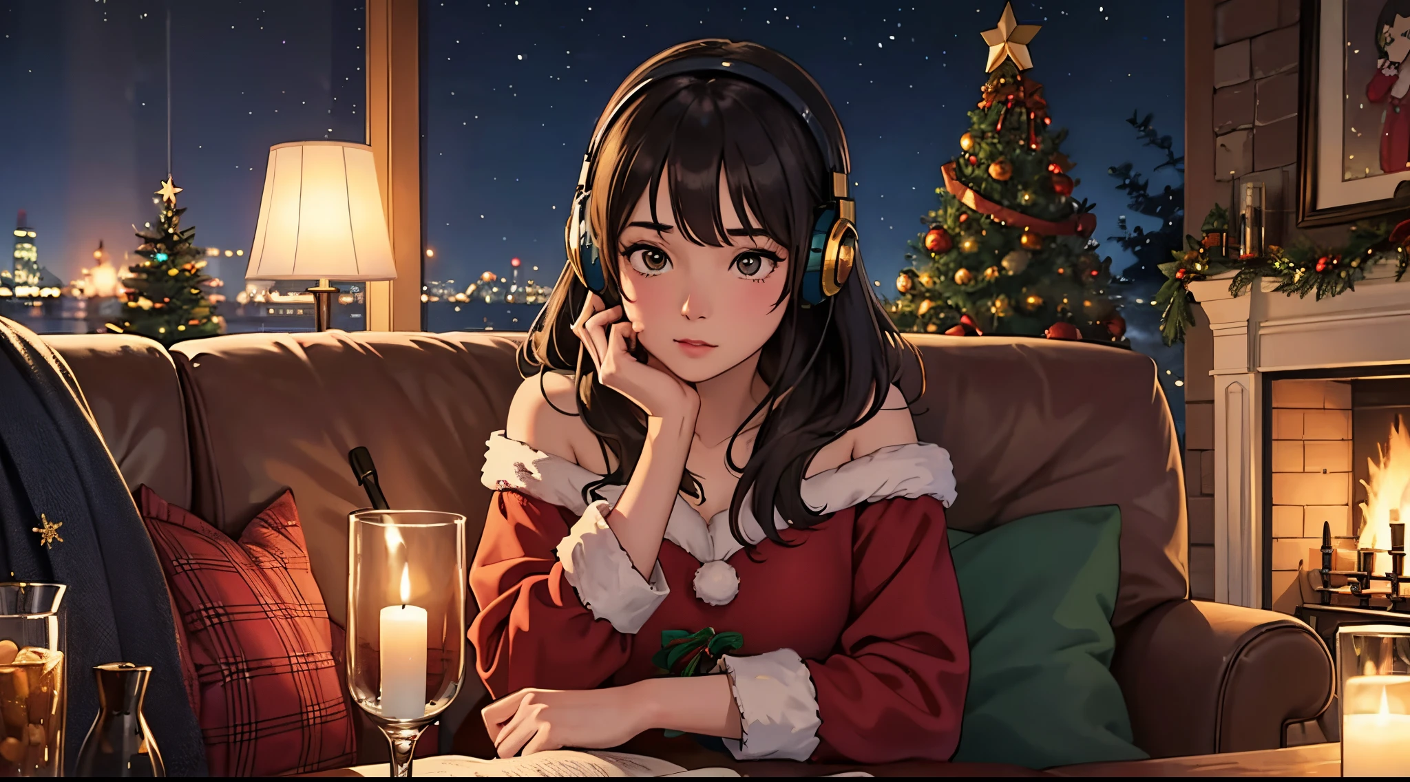 lofi brunette girl sitting on a couch with headphones on and a christmas tree in the background, trending on cgstation, cozy wallpaper, artwork in the style of guweiz, christmas night, [ 4 k digital art ]!!, lofi girl, extremely detailed artgerm, trending at cgstation, relaxing mood, nightcore, christmas vibe, cozy, christmas decorations, fireplace, night, christmas sweather