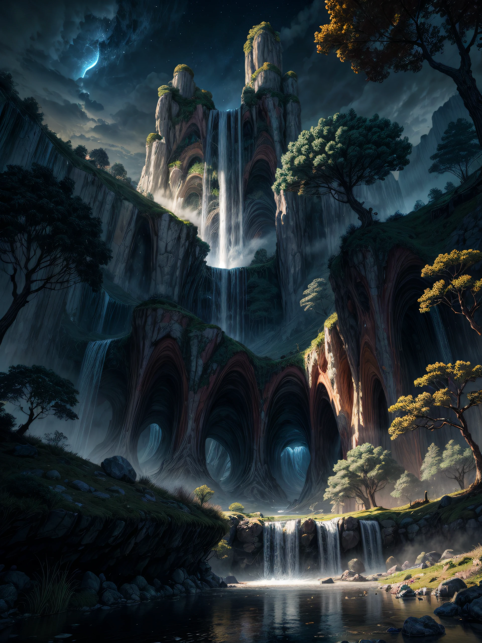 Paisaje de ciencia ficcion, luna, muchos arboles, una cascada de agua que cae del cielo, fantasy lighting, obra maestra, 8k, imagen nocturna