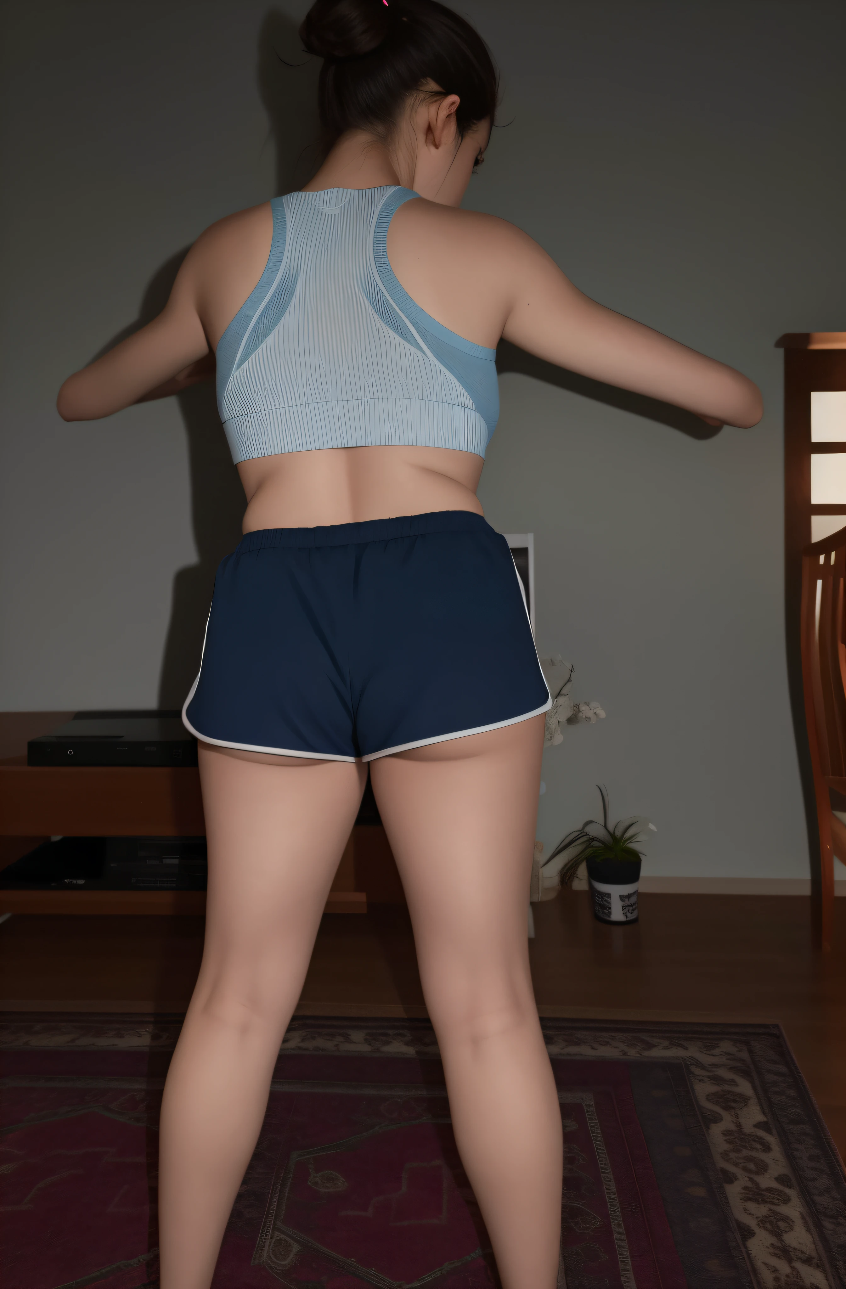 there is a woman in a short skirt playing video games, sport bra and dark blue shorts, sport bra and shorts, seen from back, foto ainda de vista posterior, back pose, tiro pelas costas, costas arqueadas, view of the back, voltar - ver, Bermudas, Backview, tiro longo das costas, from the back