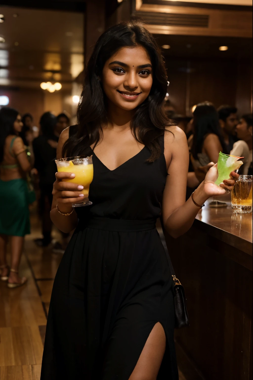 An Indian dusky girl, age of 24, smiling, a candid shot, dancing in a club, wearing a long black dress, having a purse in 1 hand, brown and dusky girl, brown girl, dusky girl, not looking into the camera, a candid shot, drinking margarita, drinks, drink in one hand