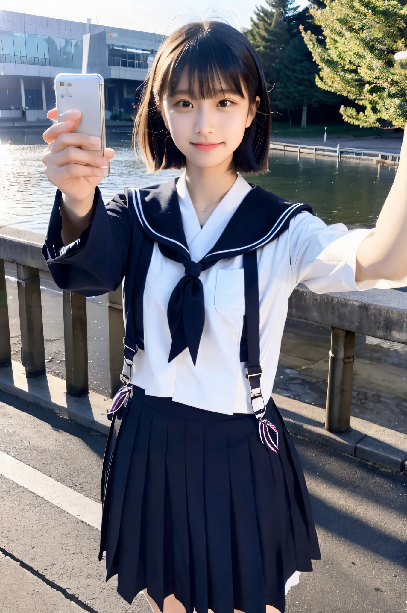 15yo student, White blouse and navy sailor collar jacket, pleatedskirt, school, selfee