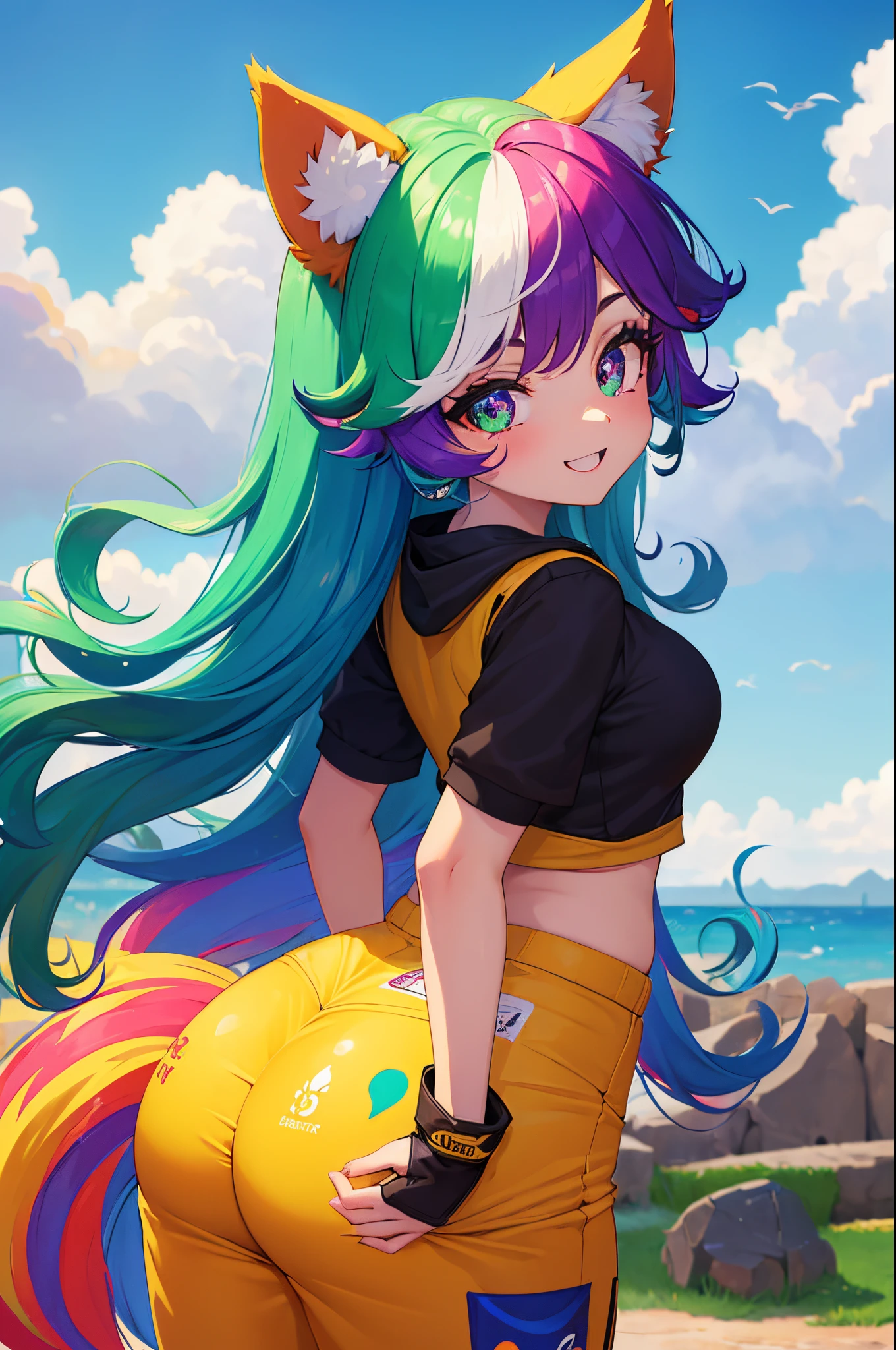 (obra-prima, melhor qualidade: 1.2),solo, girl with fox ears, sorriso, de costas para o espectador,big butt, Slacks, roupas esportivas, campo de futebol, diamond, multicolored hair, multicolored eyes