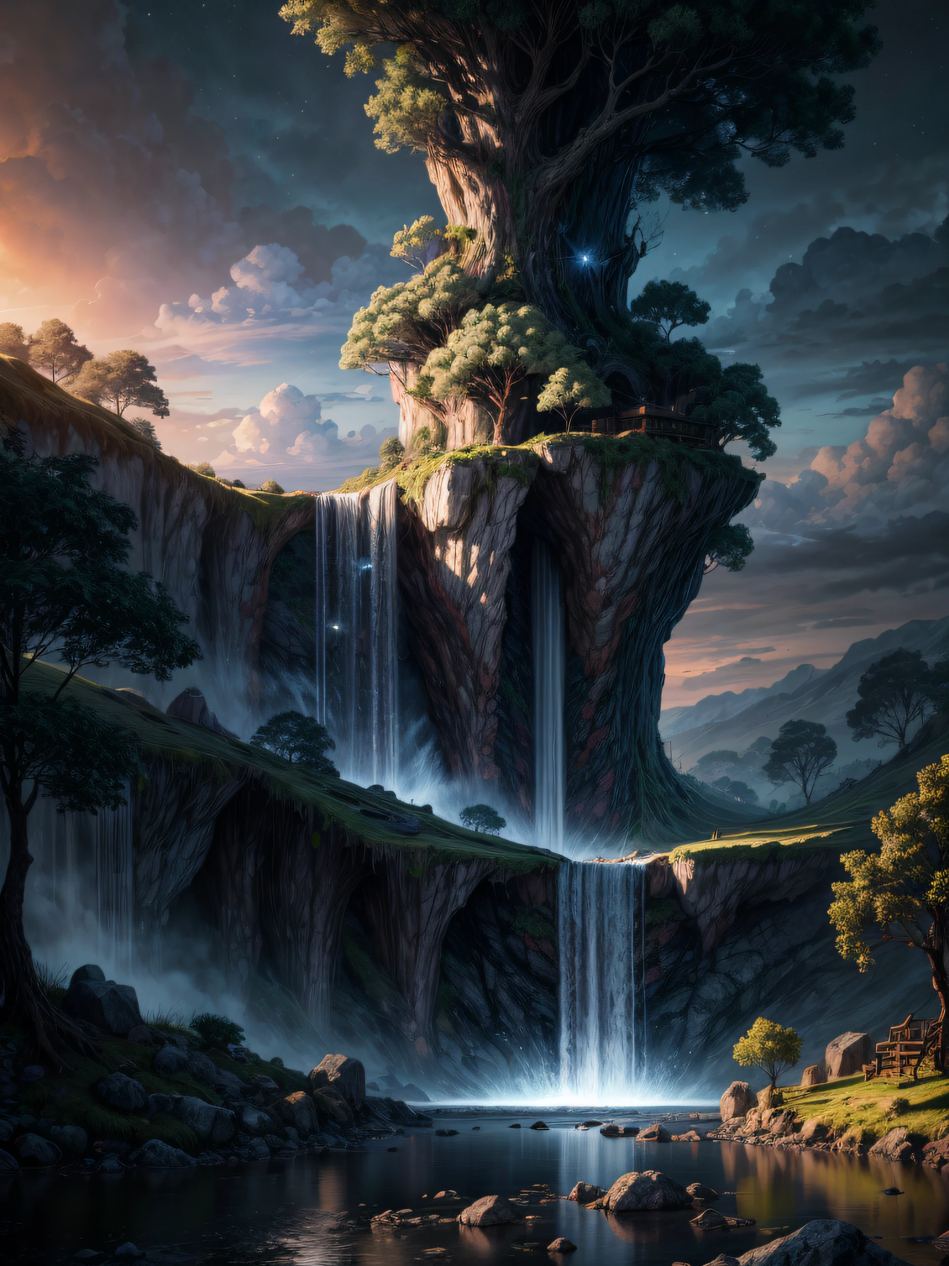 Paisaje de ciencia ficcion, luna, muchos arboles, una cascada de agua que cae del cielo, fantasy lighting, obra maestra, 8k, imagen nocturna, brillos espectrales