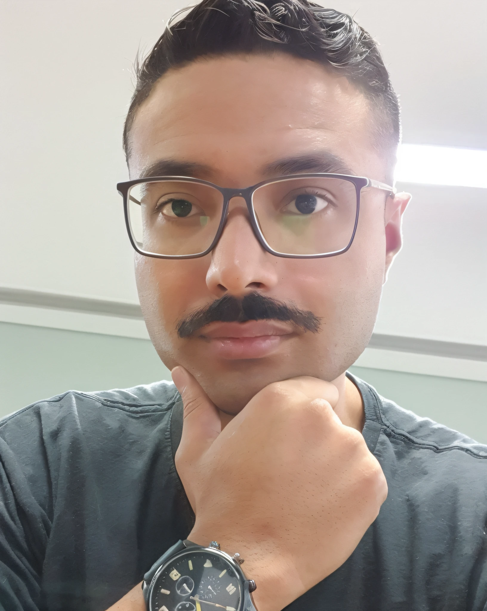 araffe man with glasses and mustache wearing a watch, com bigode, sem bigode, com bigode aparado, sem barba e bigode, foto de perfil profissional, tiny thin mustache, sem barba, sem barba, bigode grosso, 2 7 anos, com uma barba pequena, Foto selfie 8k, 2 8 anos, with glasses and goatee