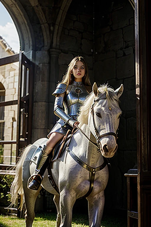 masterpiece, The highest quality, A young female knight warrior、Beautiful execution、beautiful countenance、((FULL BODY PHOTO))、silver plate armor and dress armor、beautiful blonde、long hair、attentive and serious face、White horse 、 the woman is riding a white horse, magical fantasy, CHURCHES in the background, lavender fields, medieval Europe, dynamic angles