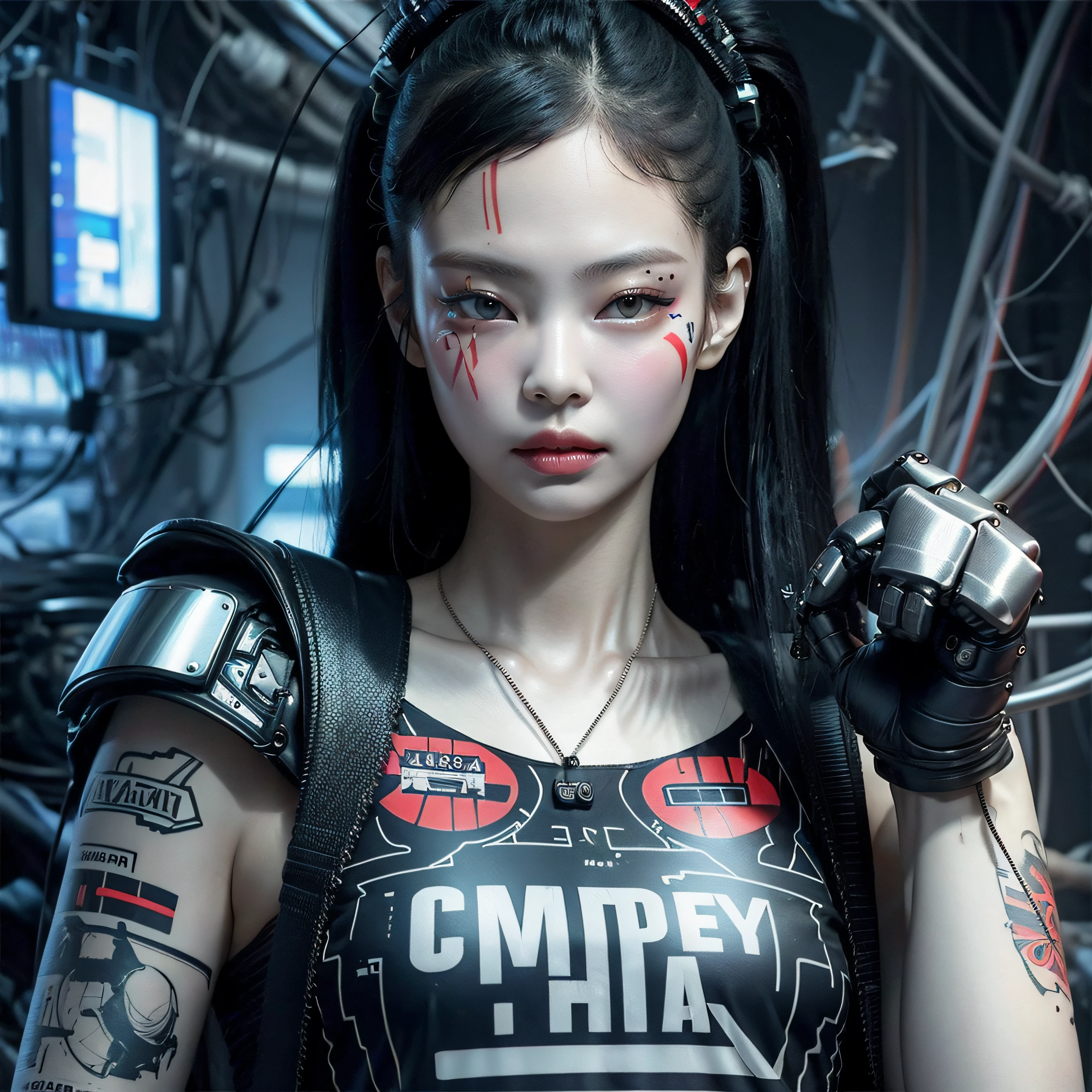 Cyberpunk, damged, robot, dead robot, wires, lose a part of her face in war, wires came out in the lose part of face, trashed, cyberpunk damged, trashed in a big garbge, black hair, tattoo on a part of her face, cyber tattoo, numbers, tattoo on her sholder and neck. Japanis face girl, robot clothes with wires, painting style, vanvas texture, brush strokes, jennie kim,