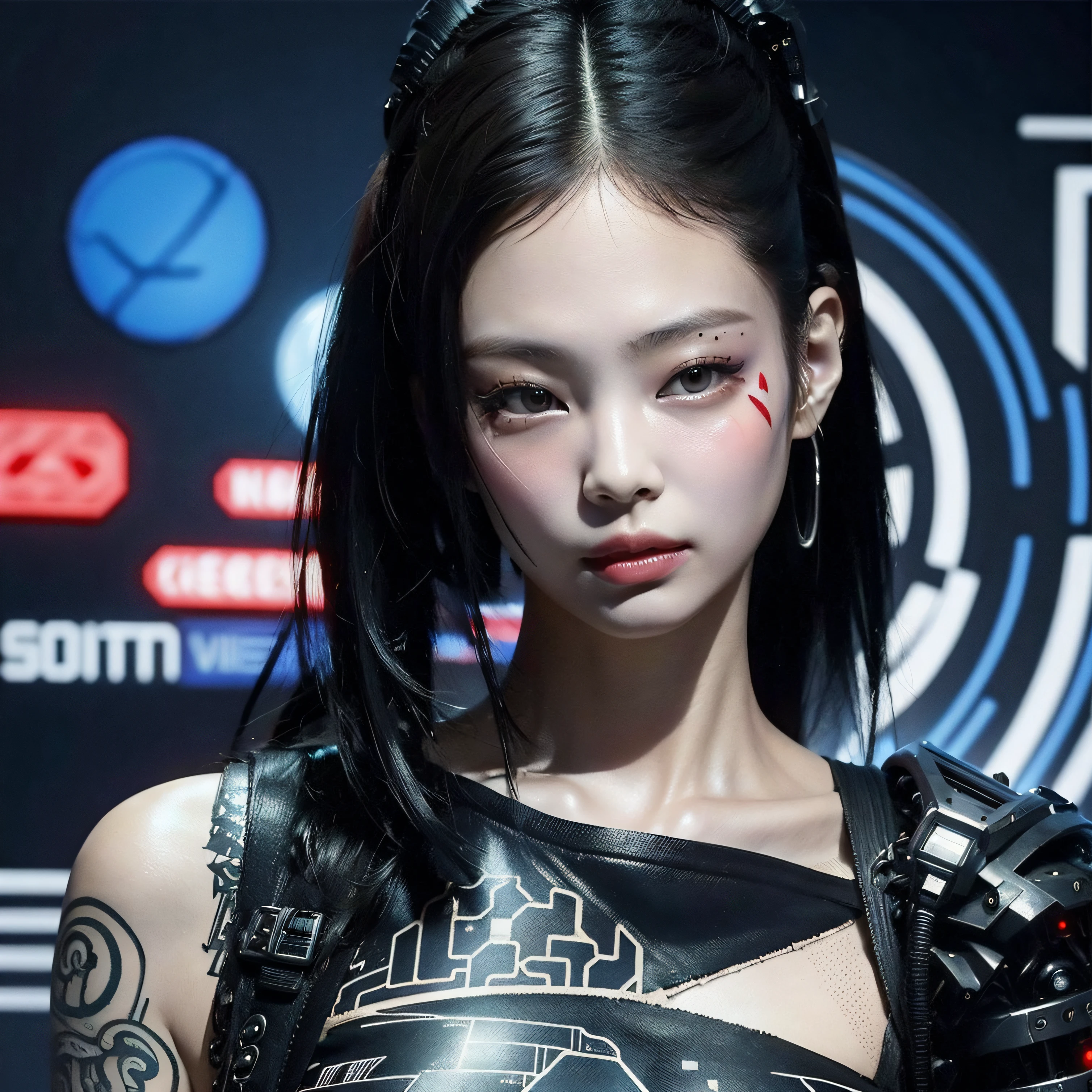 Cyberpunk, damged, robot, dead robot, wires, lose a part of her face in war, wires came out in the lose part of face, trashed, cyberpunk damged, trashed in a big garbge, black hair, tattoo on a part of her face, cyber tattoo, numbers,  tattoo on her sholder and neck. Japanis face girl, robot clothes with wires, painting style, vanvas texture, brush strokes, jennie kim,