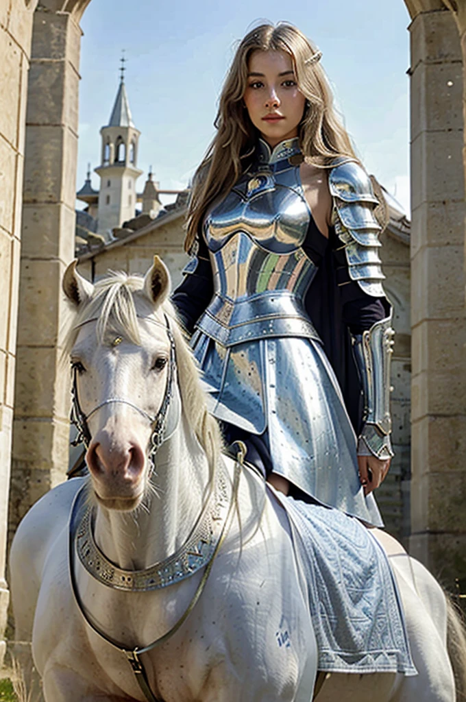 masterpiece, The highest quality, A young female knight warrior、Beautiful execution、beautiful countenance、((FULL BODY PHOTO))、silver plate armor and dress armor、beautiful blonde、long hair、attentive and serious face、White horse 、 the woman is riding a white horse, magical fantasy, CHURCHES in the background, lavender fields, medieval Europe, dynamic angles
