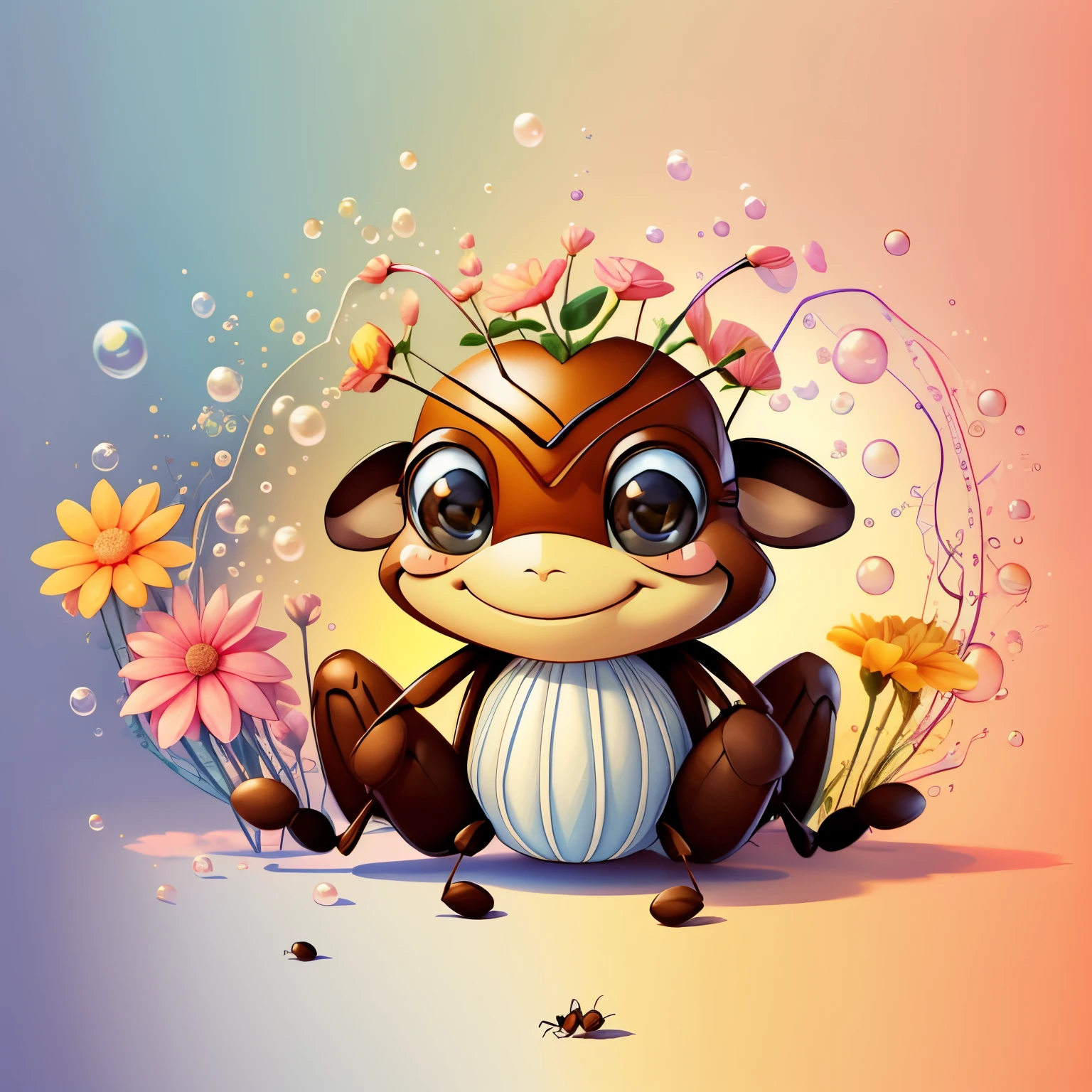 (cute brown ant smiling with flowers, bubbles), Munchkin ,Geometric multidimensional wall portrait, livro de arte, Tchibi,
Yang08k, Beautiful, Colouring,
Obras, of the highest quality, best quality, Arte Oficial, Beautiful and Aesthetic,