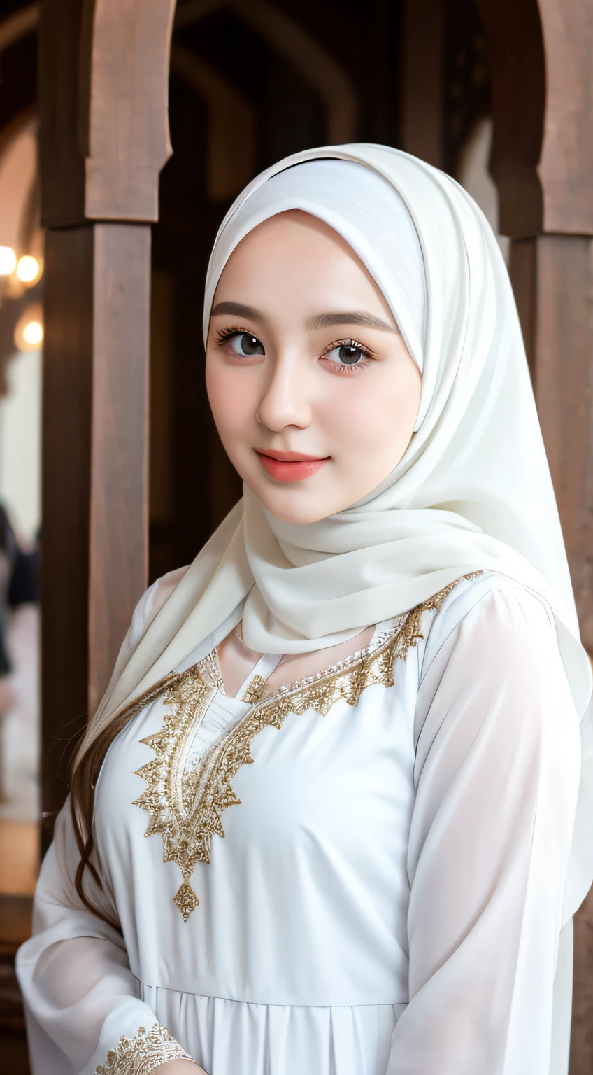 1 Girl, Beautiful, Russian , 28 Years Old, White Skin, White Hijab Gamis Muslim Outfit, Big Chest, mosque Background, Wind))
