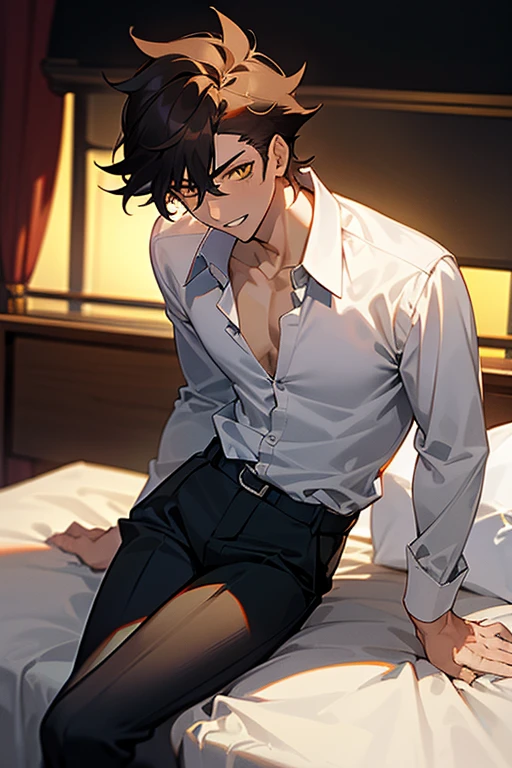 1 Boy, dark hair, (gakuran), (white shirt), black slacks, on sheets, Long Sleeve Shirts, Fascinating, evil smile,(parted lips),collarbone, sunset,{open collar}, tsurime, Yellow eyes, (background: on bed in bedroom), high quality, high resolution, masterpiece,[[Low angle