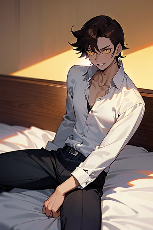 (masterpiece, best quality), 1 male, teen, cat ears, cat tail, athletic body, black eyes, messy black hair, evil smile, black shirt