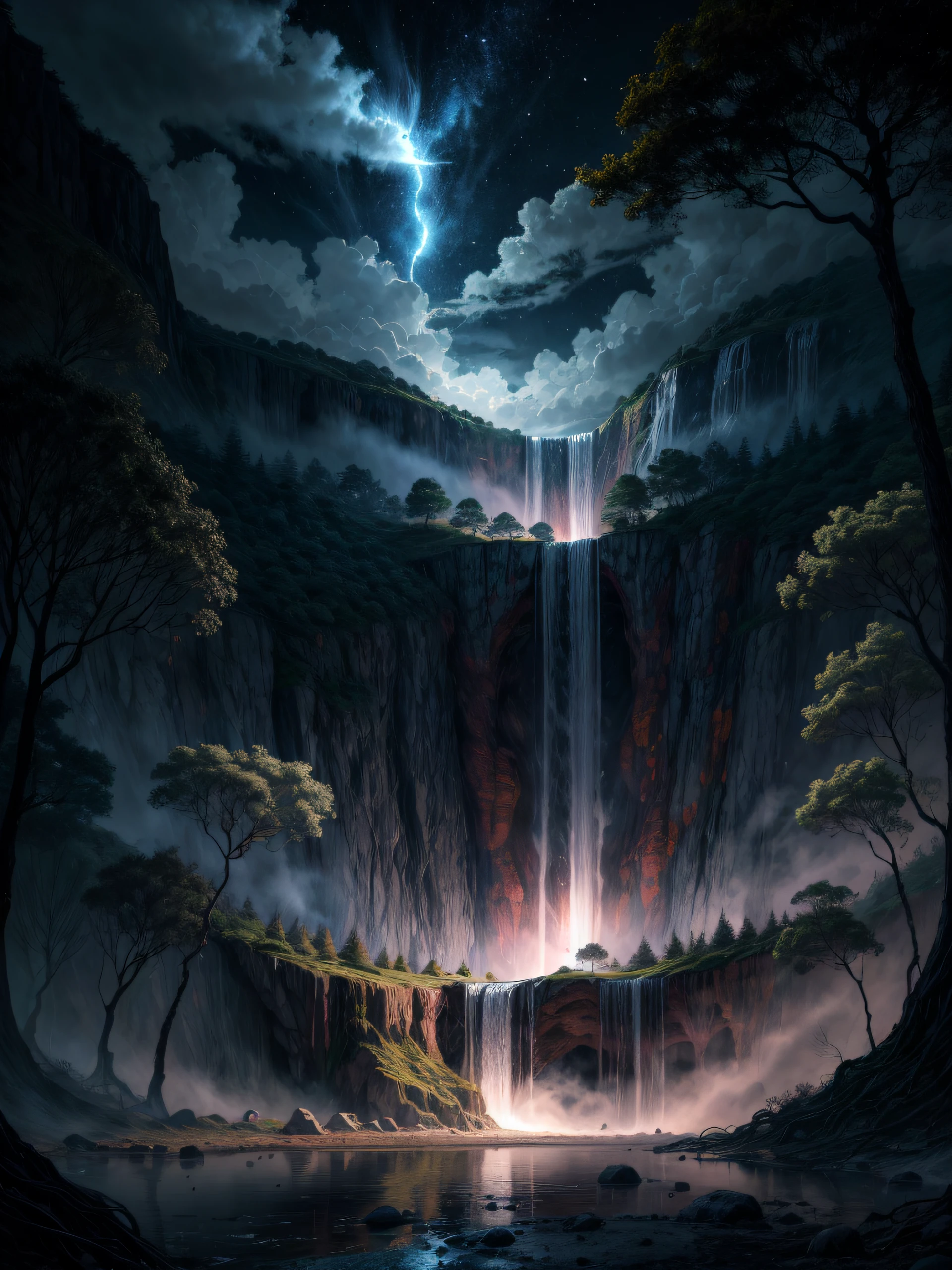Paisaje de ciencia ficcion, luna, muchos arboles, una cascada de agua que cae del cielo, obra maestra, 8k, imagen nocturna, brillos espectrales, (((((terror))))), noche muy oscura, sombras de la luna, lobos ahuyando