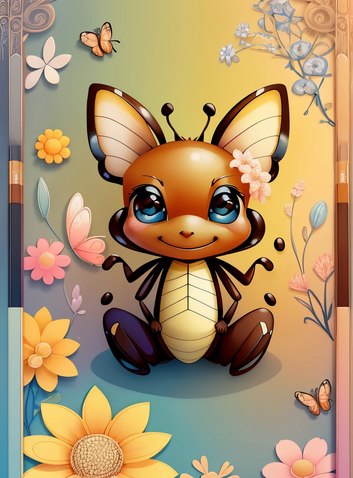 (cute brown ant smiling with flowers, butterflies), Munchkin ,Geometric multidimensional wall portrait, livro de arte, Tchibi,
Yang08k, Beautiful, Colouring,
Obras, of the highest quality, best quality, Arte Oficial, Beautiful and Aesthetic,