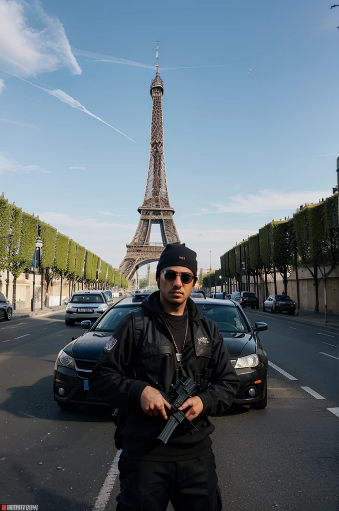 Airsoft player in the style of Grand Theft Auto from France, looking like a gangsta from France, standing behind a car in France, let the background be like France, Eiffel Tower in the back ground
