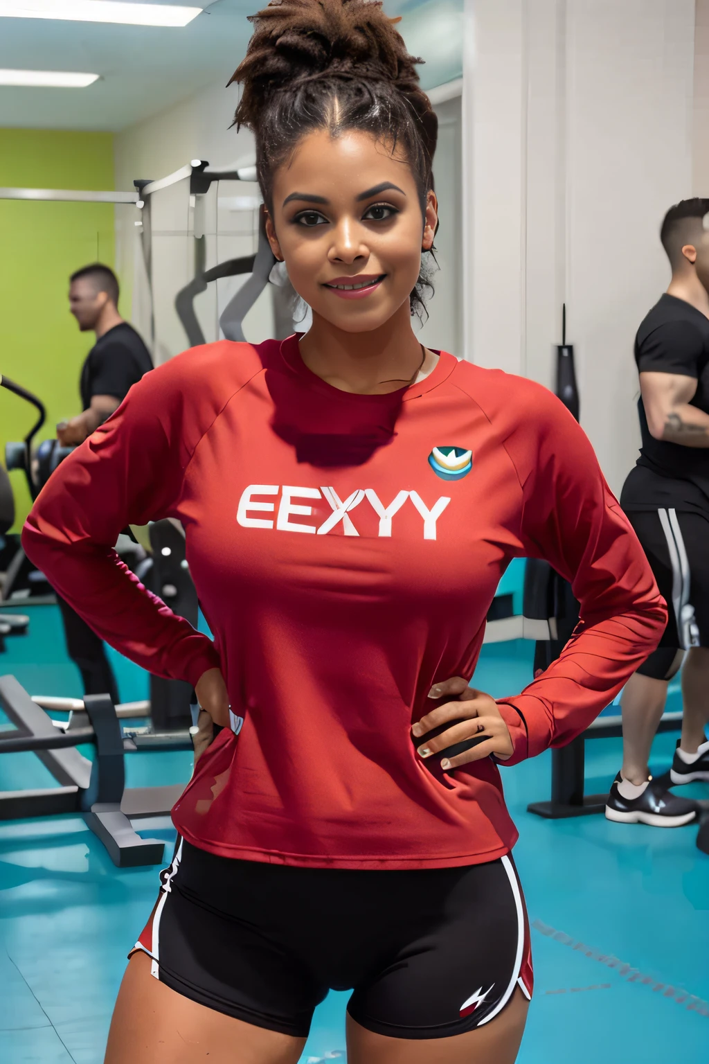 Photo of beautiful Caucasian woman, Zazie fotorrealista, Rastas, absurdos, ((llegando al gimnasio, manos bien definidas, chaqueta puesta con blusa de escote sexy))