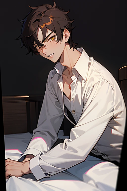 1 Boy, dark hair, (Gakuran:1.0), (white shirt), black slacks, on sheets, Long Sleeve Shirts, Fascinating, evil smile,(parted lips),collarbone, sunset,{open collar}, tsurime, Yellow eyes, (background: on bed in bedroom), high quality, high resolution, masterpiece,Low angle