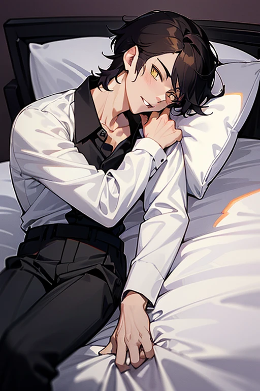 1 Boy, dark hair, (Gakuran:1.0), (white shirt), black slacks, on sheets, Long Sleeve Shirts, Fascinating, evil smile,(parted lips),collarbone, sunset,{open collar}, tsurime, Yellow eyes, (background: on bed in bedroom), high quality, high resolution, masterpiece,Low angle
