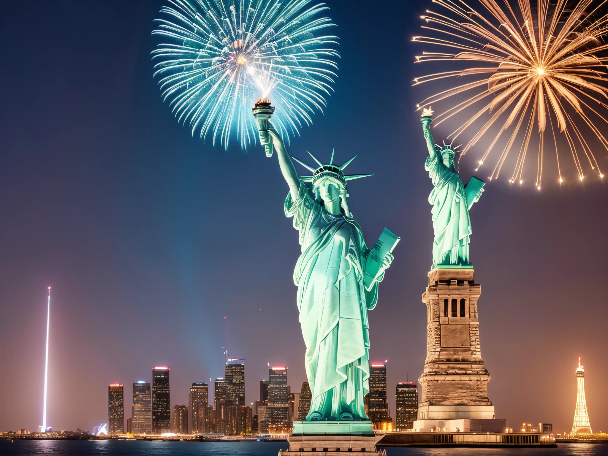 Craft an iconic view of the Statue of Liberty surrounded by fractal lights, symbolizing the enduring beacon of freedom on Independence Day.