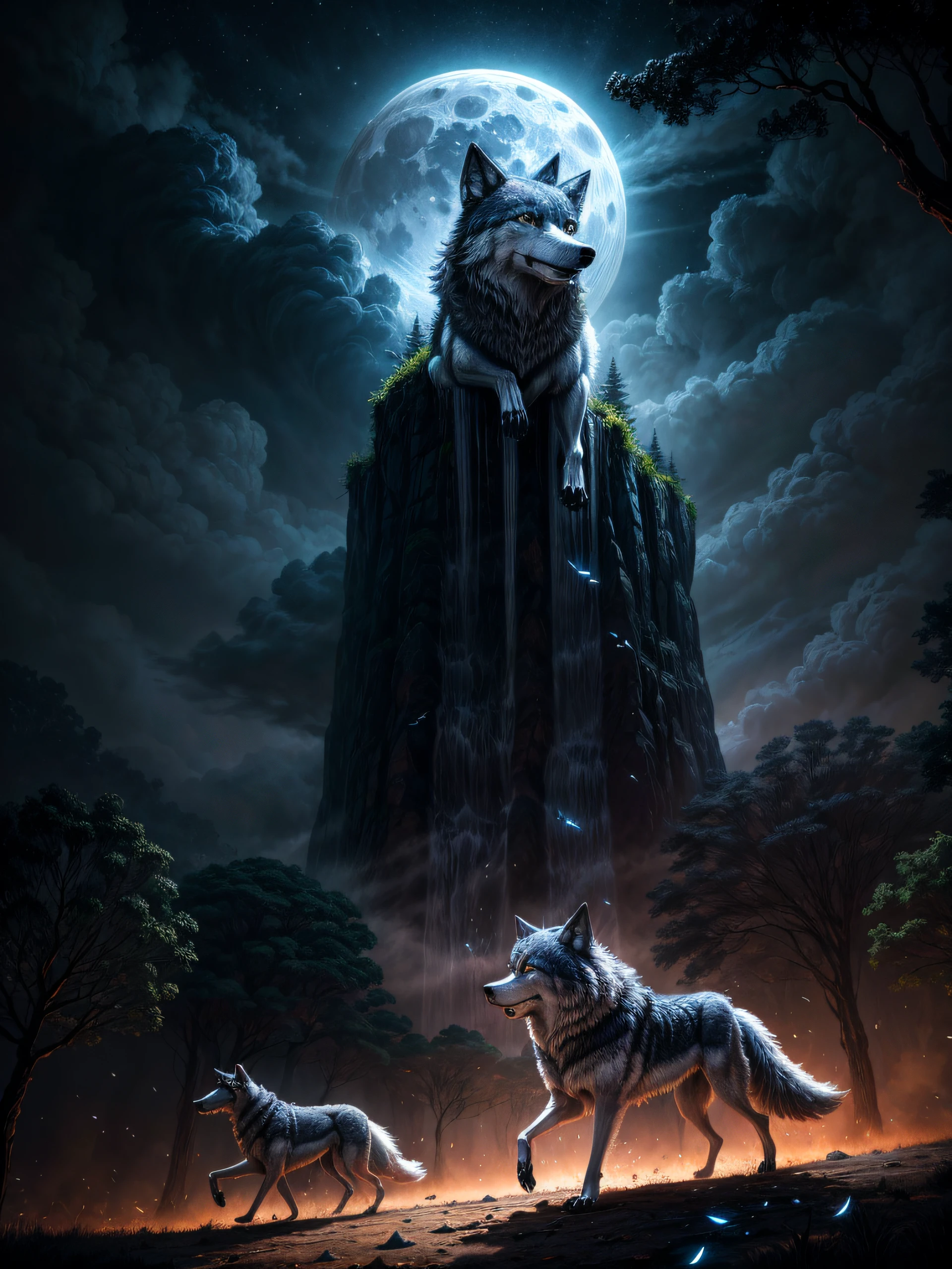 scifi landscape, luna, lots of trees, Una cascada que cae del cielo., Obra maestra, 8k, imagen nocturna, resplandor espectral, (((((terror))))), Noche muy oscura, sombras de la luna , (((((lobos huyendo)))))