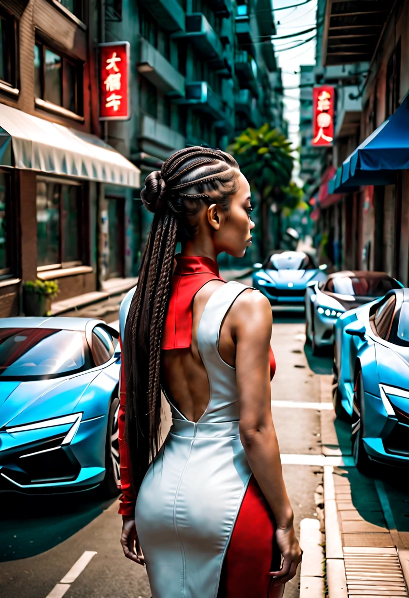 a city street of the future with hover cars and android robots walking on the sidewalk, three beautiful asian or african or latina or native or european woman with long braided black or red or blue streaked hair walking away with her backside revealed