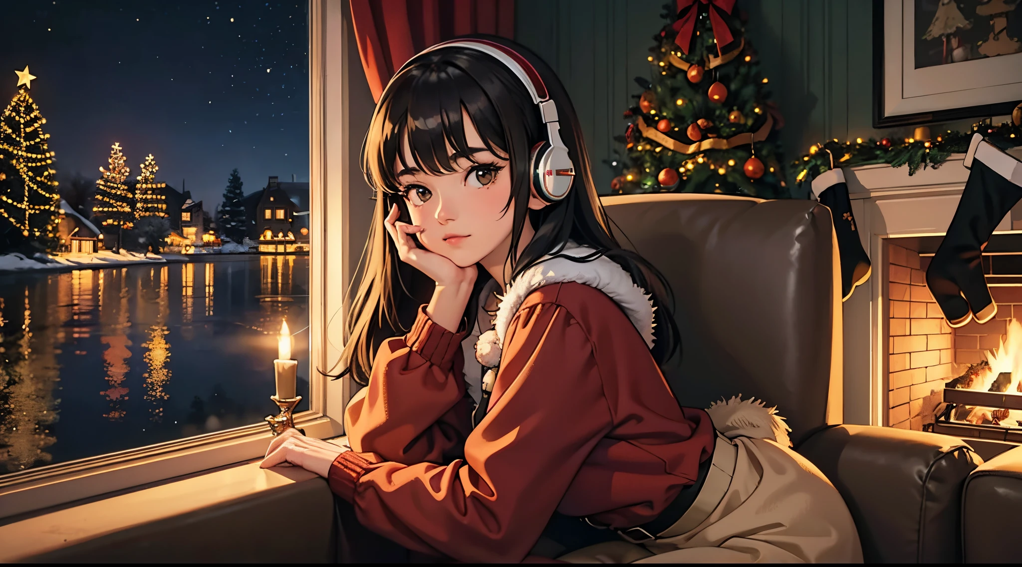 lofi brunette girl sitting on a couch with headphones on and a christmas tree in the background, trending on cgstation, cozy wallpaper, artwork in the style of guweiz, christmas night, [ 4 k digital art ]!!, lofi girl, extremely detailed artgerm, trending at cgstation, relaxing mood, nightcore, christmas vibe, cozy, christmas decorations, fireplace, night, christmas sweather