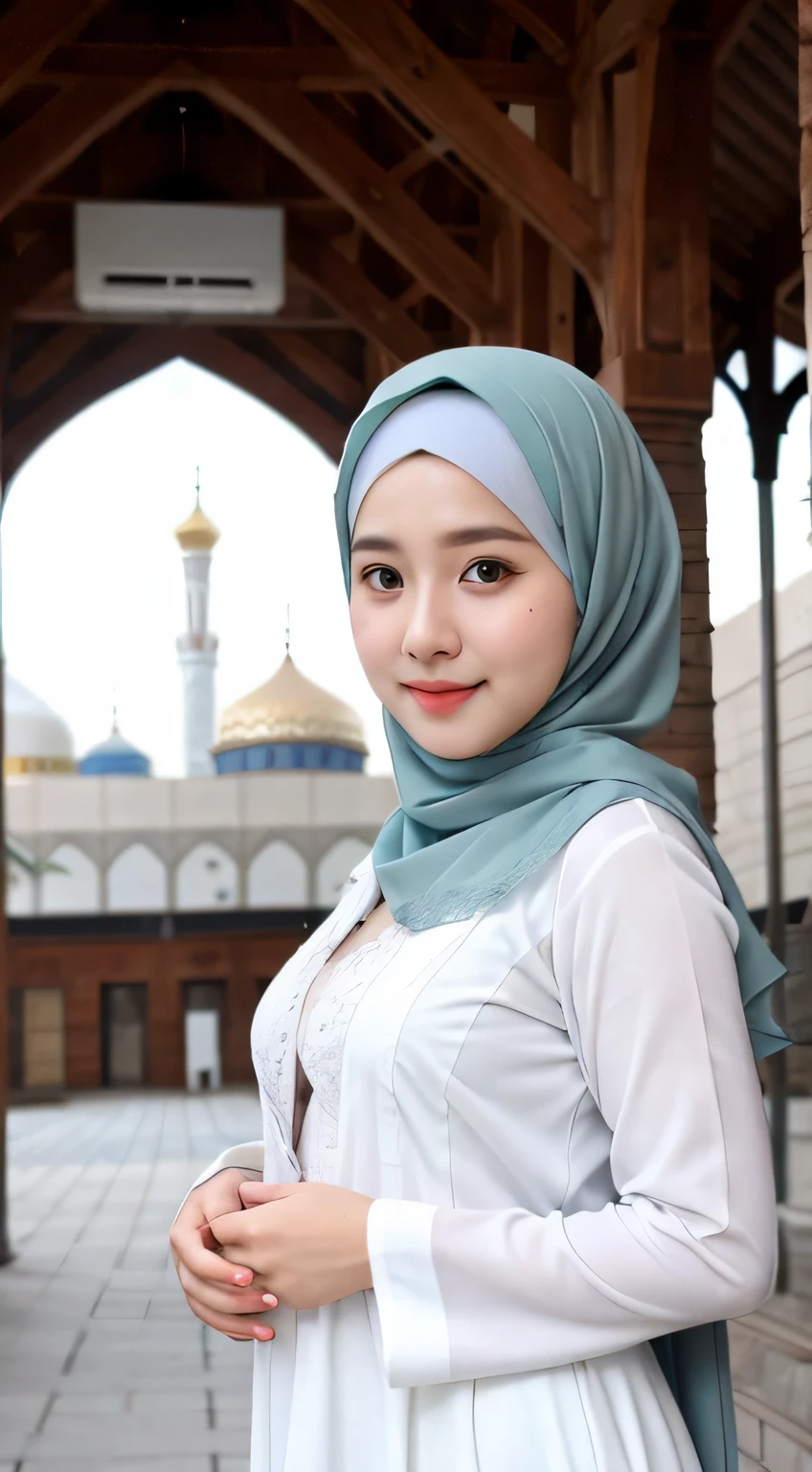 1 Girl, Beautiful, Russian Baby Face, 28 Years Old, White Skin, grey Hijab Gamis Muslim Outfit, Big Chest, looking to the camera, mosque Background, Wind))