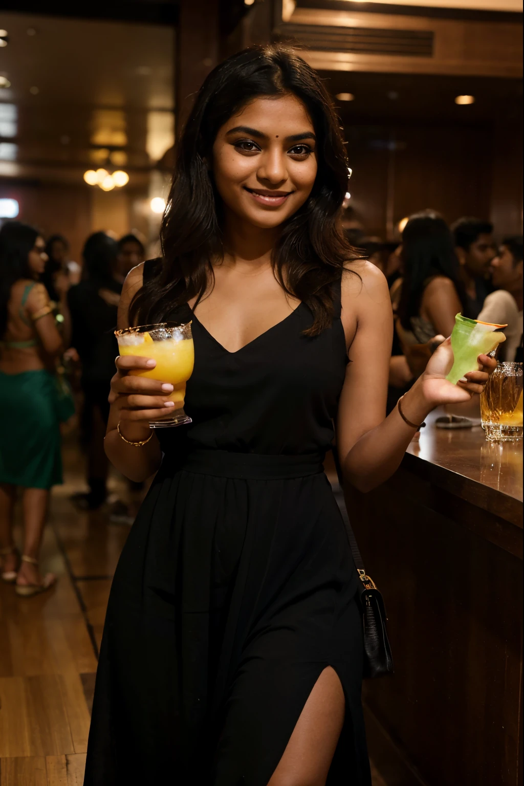 An Indian dusky girl, age of 24, smiling, a candid shot, dancing in a club, wearing a long black dress, having a purse in 1 hand, brown and dusky girl, brown girl, dusky girl, not looking into the camera, a candid shot, drinking margarita, drinks, drink in one hand only