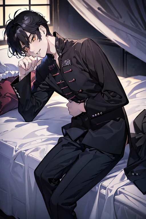 1 Boy, dark hair, (Gakuran:1.5), (white shirt), black slacks, on sheets, Long Sleeve Shirts, Fascinating, evil smile,(parted lips),collarbone, Low angle, sunset,{open collar}, tsurime, Yellow eyes, (background: on bed in bedroom), high quality, high resolution, masterpiece,