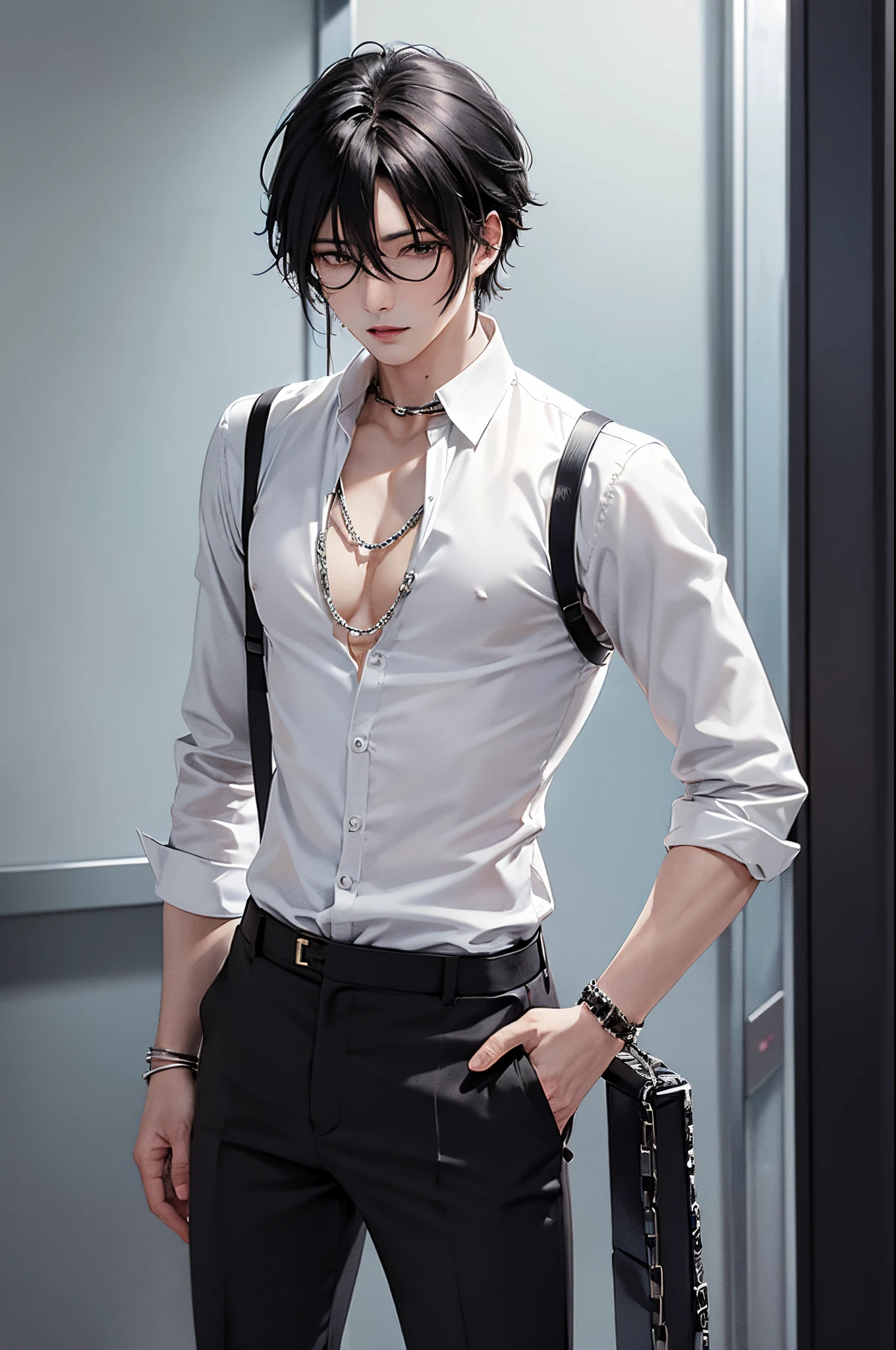 anime sexy man, black hair, chains, white slacks, modern white shirt, vibrant colors, shoulder harness