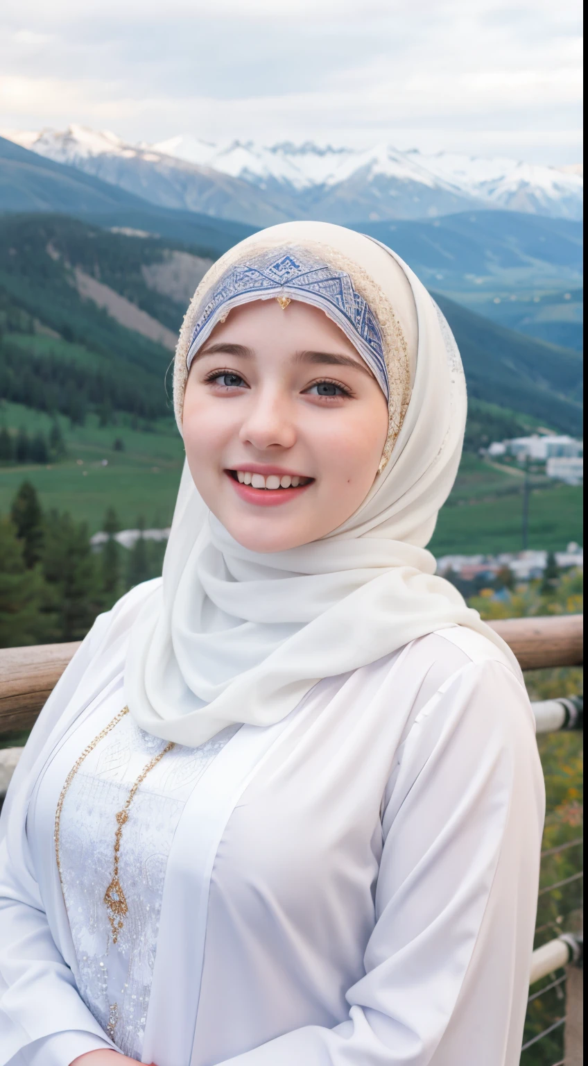1 Girl, Beautiful, Russian Baby Face, 20 Years Old, White Skin, Hijab Muslim Outfit, Top of The Mountain Background, Wind, Laughing, Tighten Breast, ((bokeh:1.2))